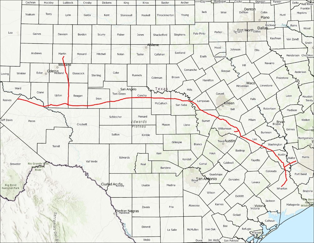 Eiger Express pipeline route across Texas